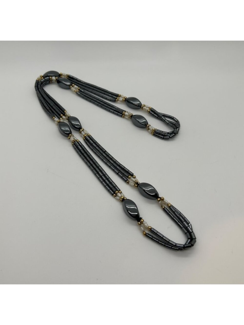 Hematite Freshwater Pearl Gold Tone Beaded Triple-Strand Necklace 32" Vintage